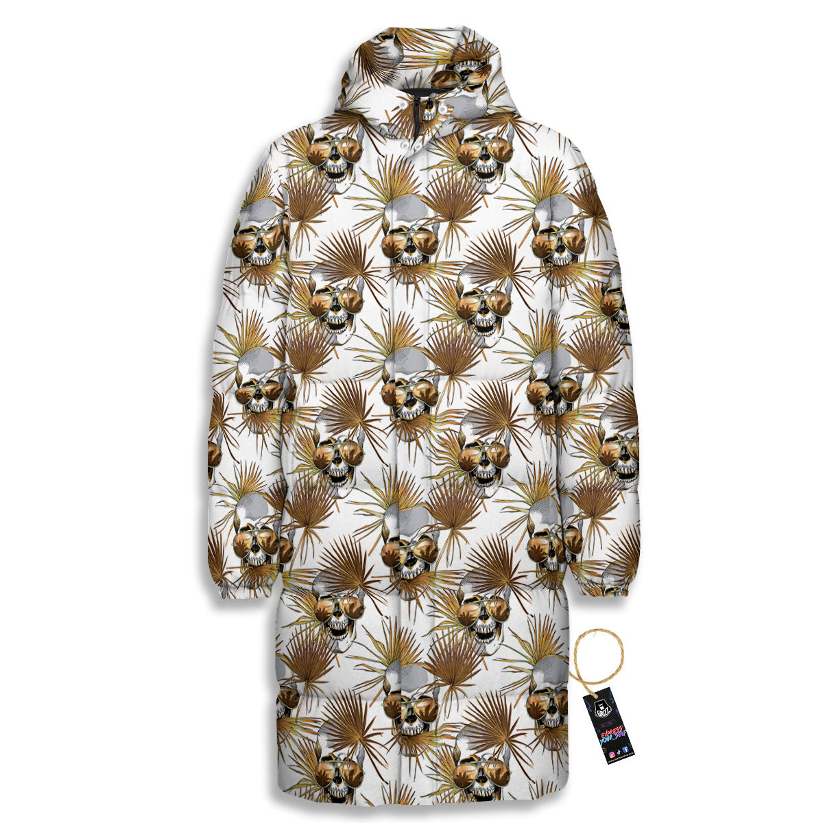 Skull Tropical Gold Print Pattern Long Down Jacket-grizzshop