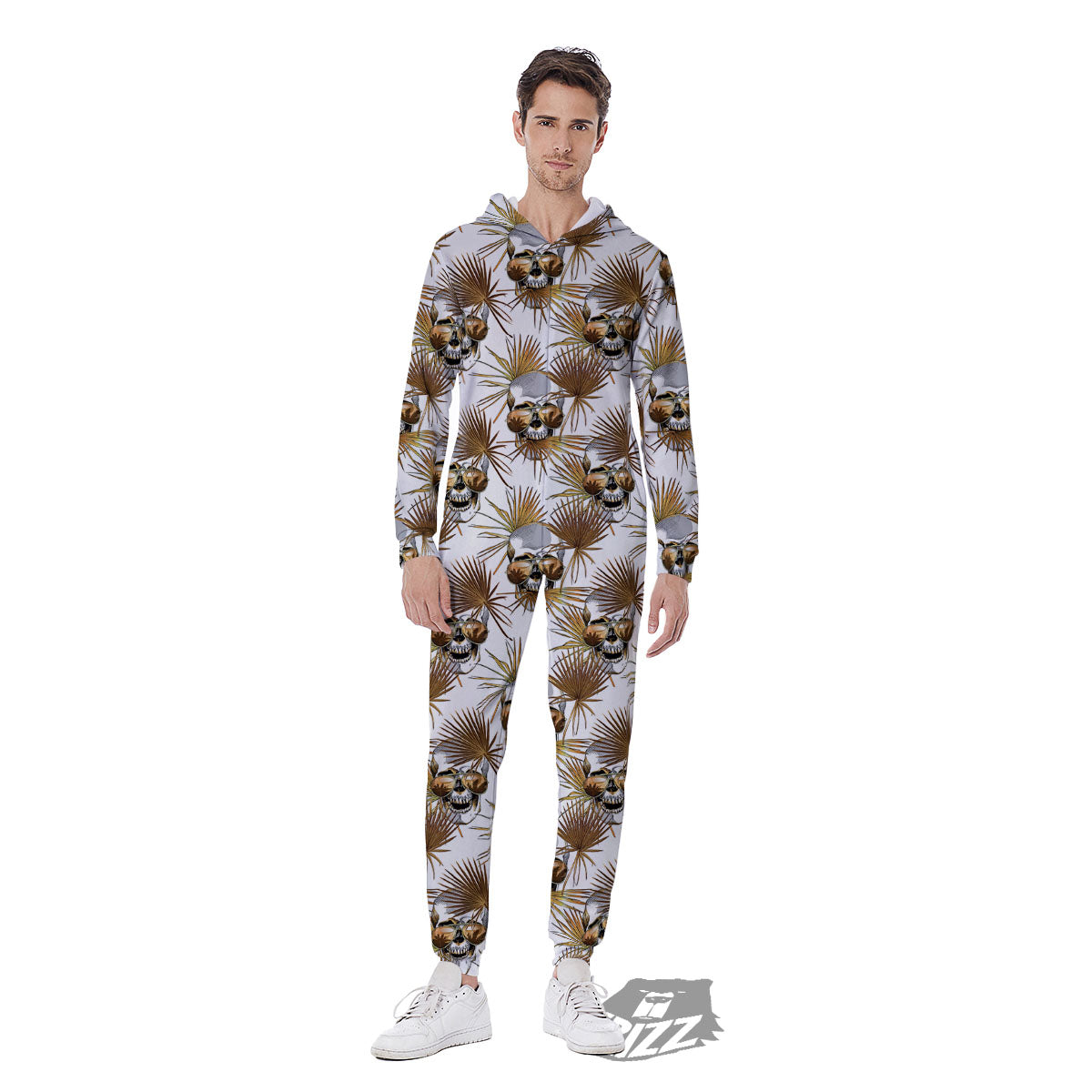 Skull Tropical Gold Print Pattern Men's Jumpsuit-grizzshop