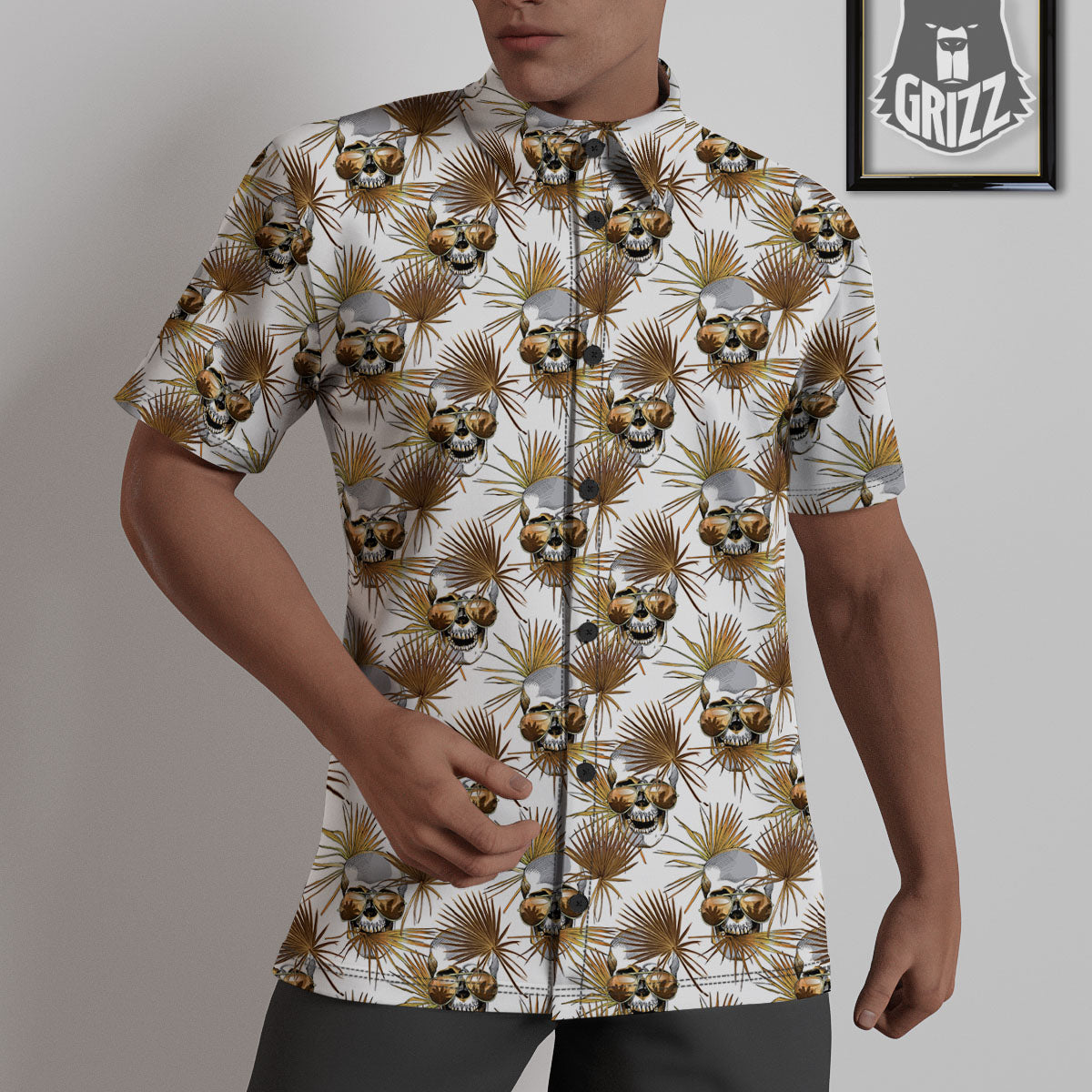 Skull Tropical Gold Print Pattern Untucked Shirts-grizzshop