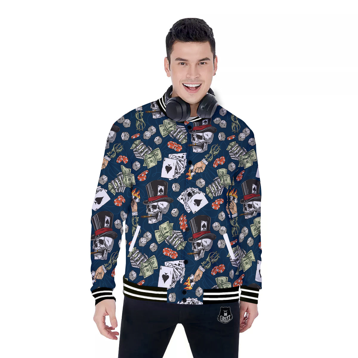 Skull Vintage Print Pattern Baseball Jacket-grizzshop