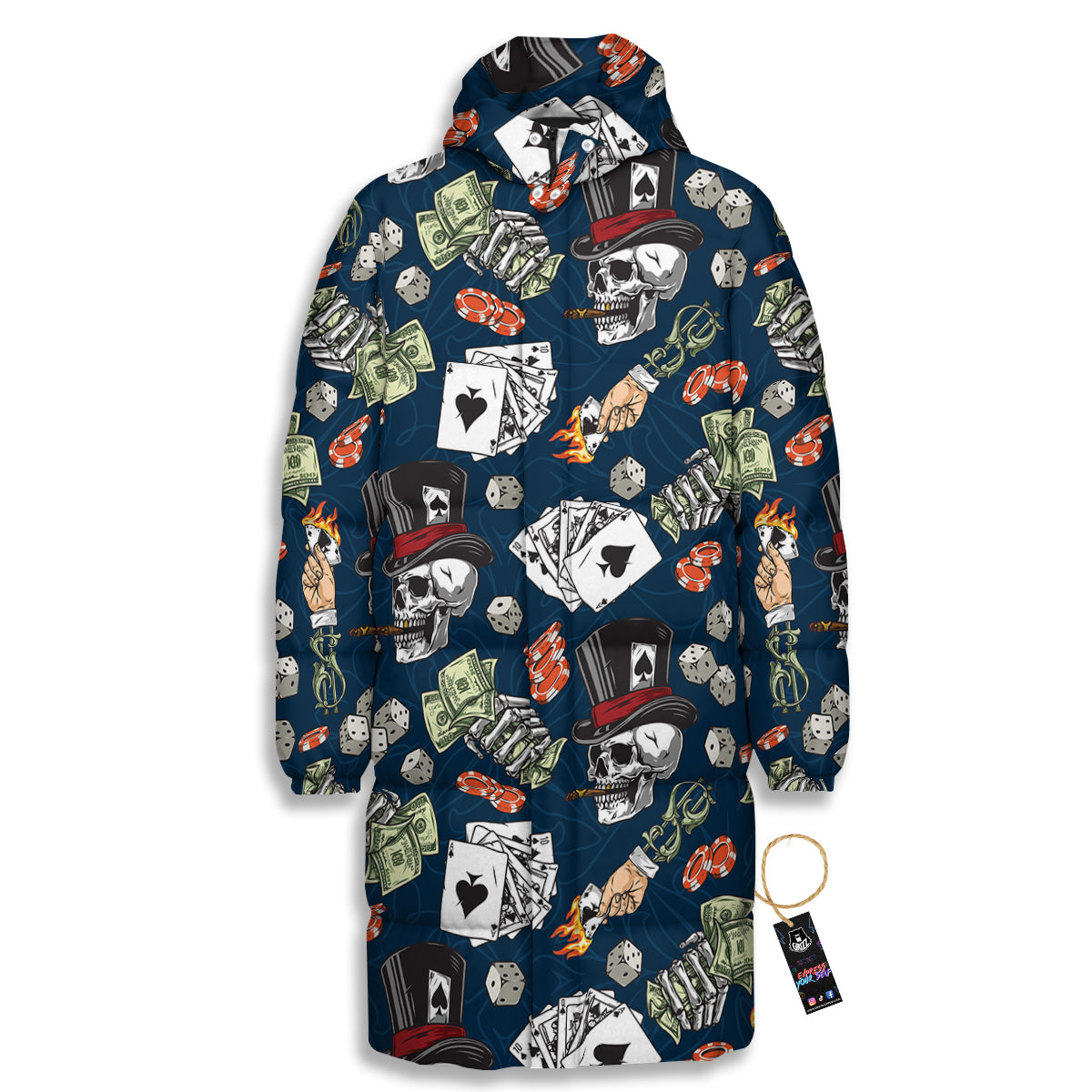 Skull Vintage Print Pattern Long Down Jacket-grizzshop