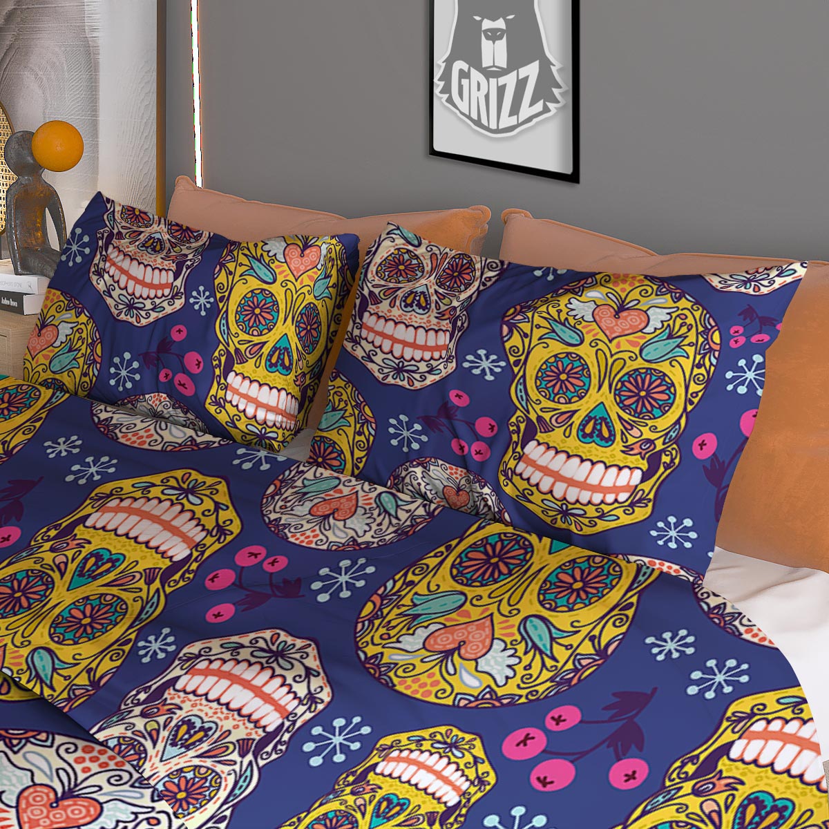 Skull Teal Sugar Print Pattern Duvet Cover Bedding Set