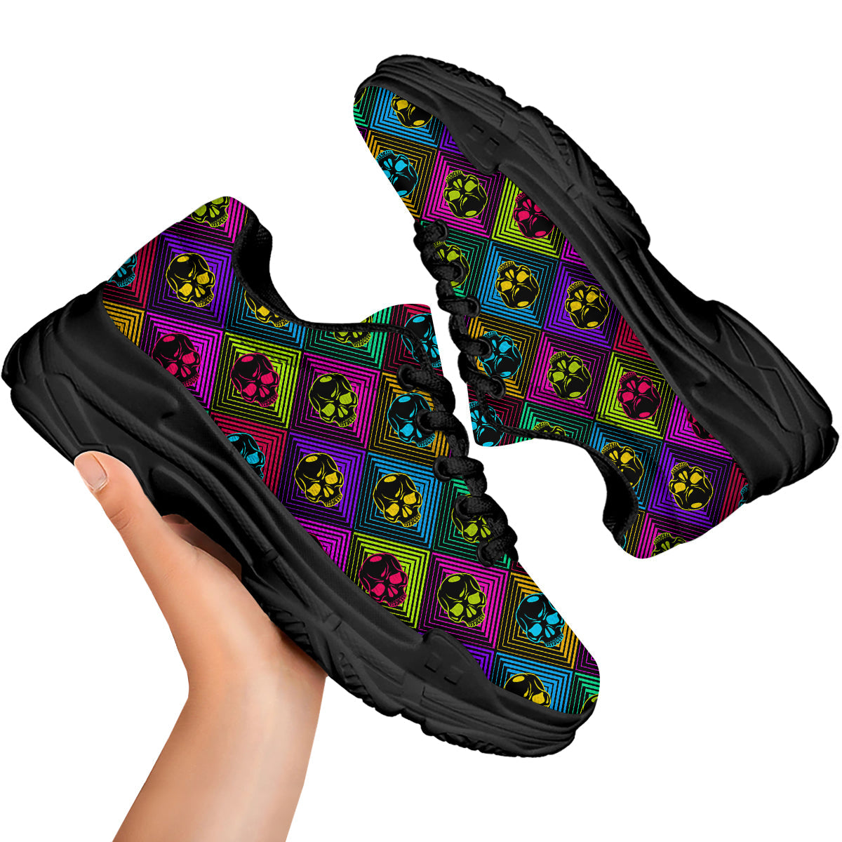 Skulls Hard Rock Colorful Print Pattern Black Chunky Shoes-grizzshop