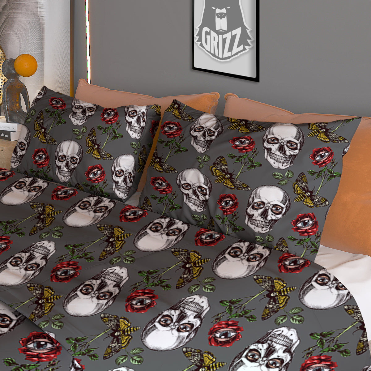 Skulls Roses Death Eyes Print Pattern Duvet Cover Bedding Set