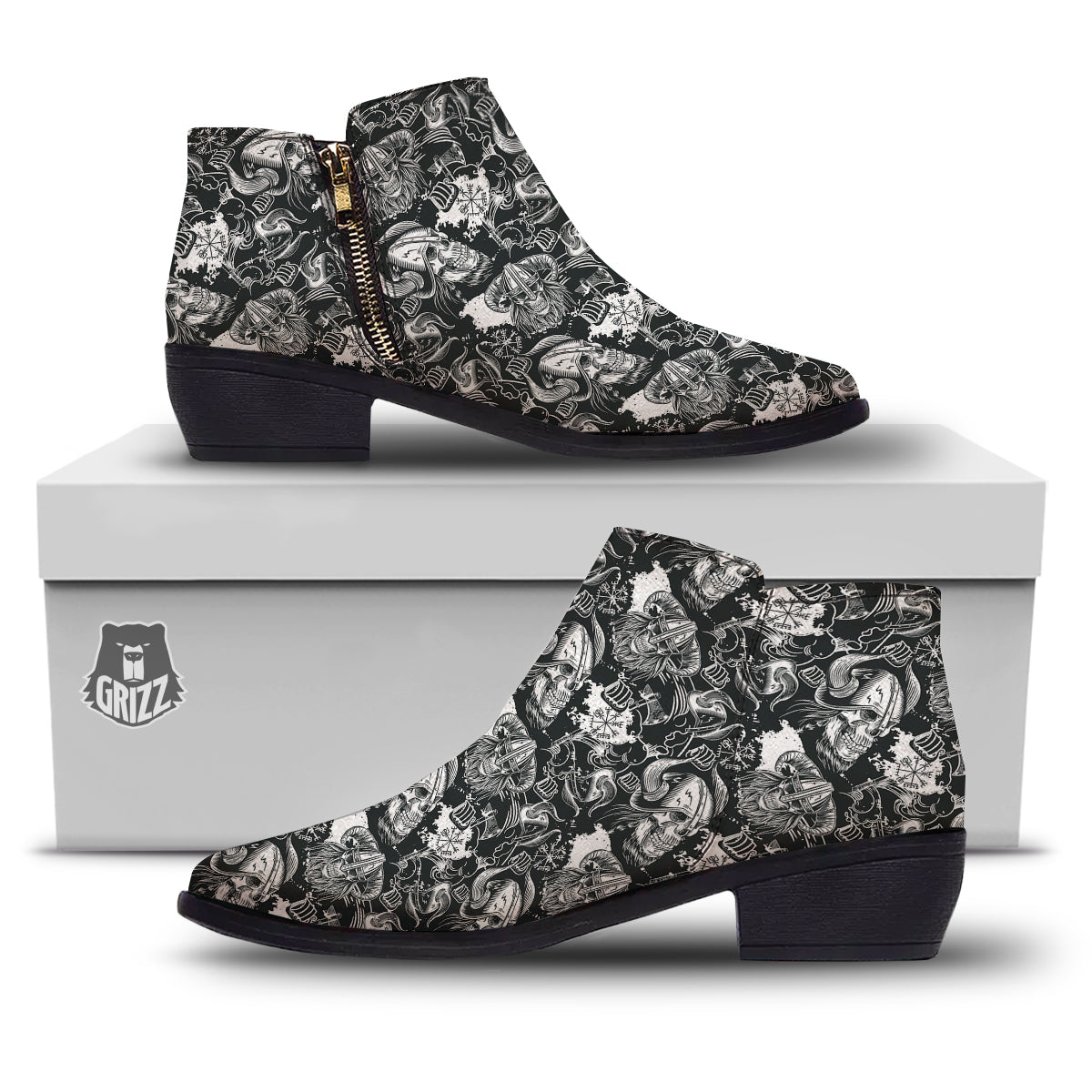 Skulls in Viking Helmets Print Pattern Ankle Boots-grizzshop