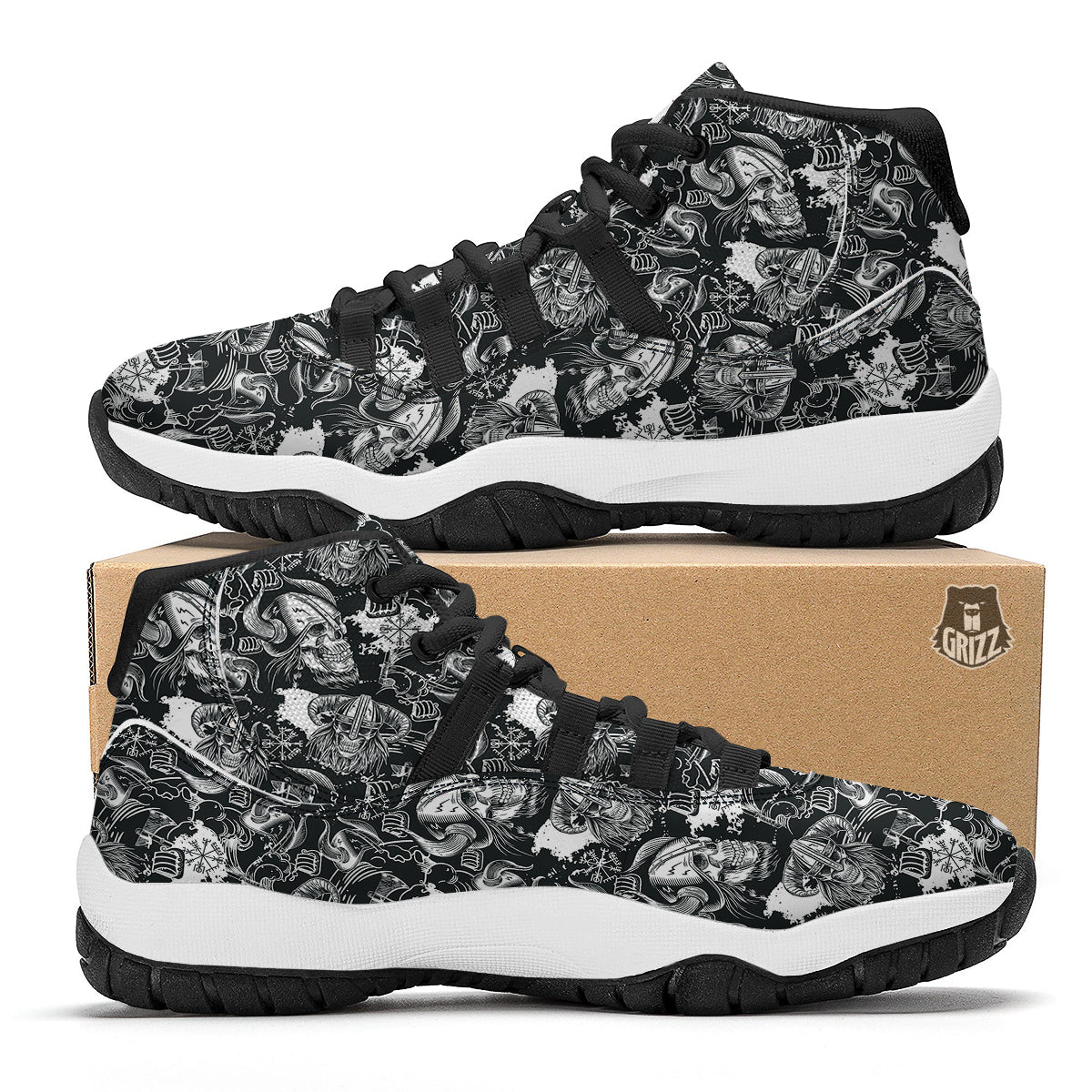 Skulls in Viking Helmets Print Pattern Black Bball Shoes-grizzshop