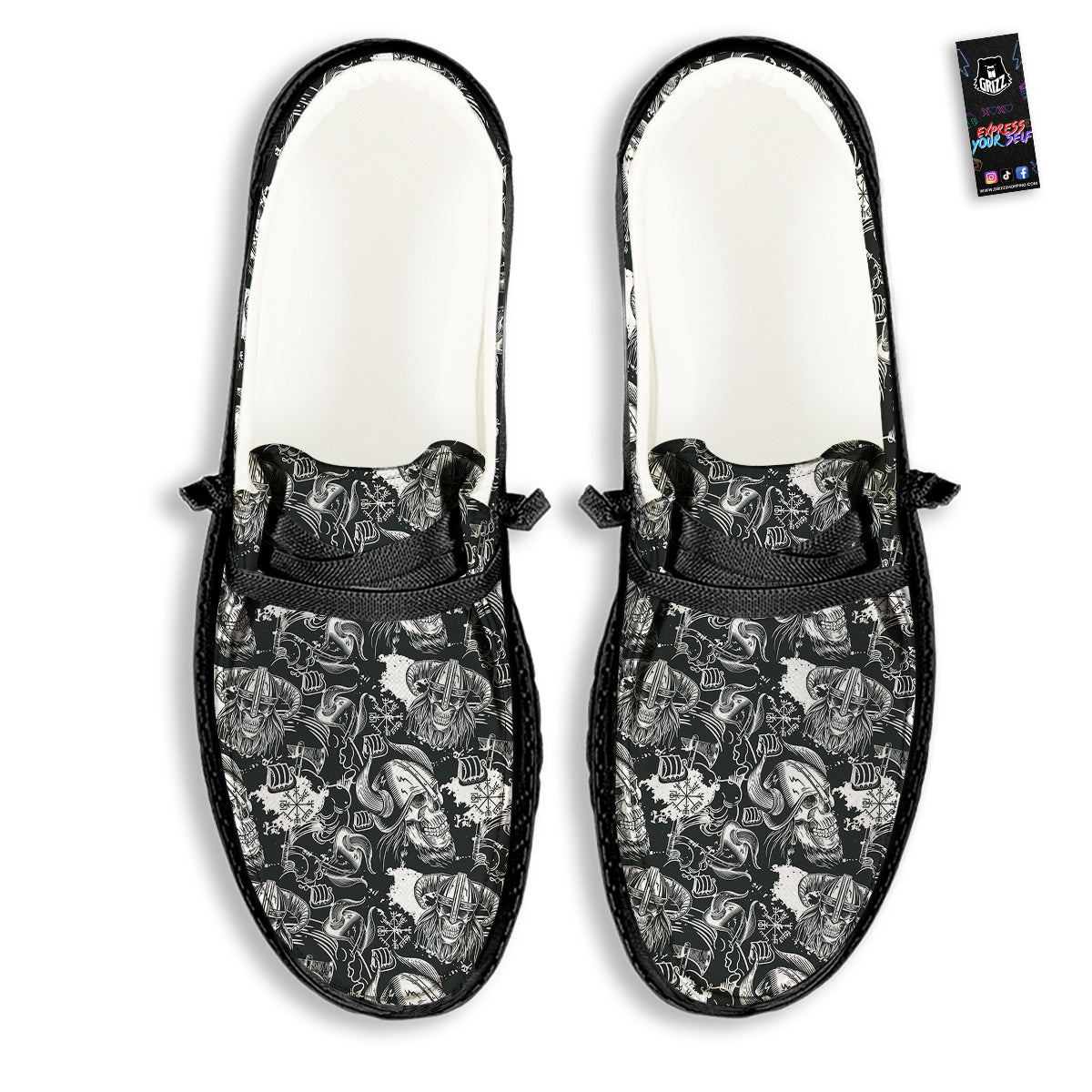 Skulls in Viking Helmets Print Pattern Black Loafers-grizzshop