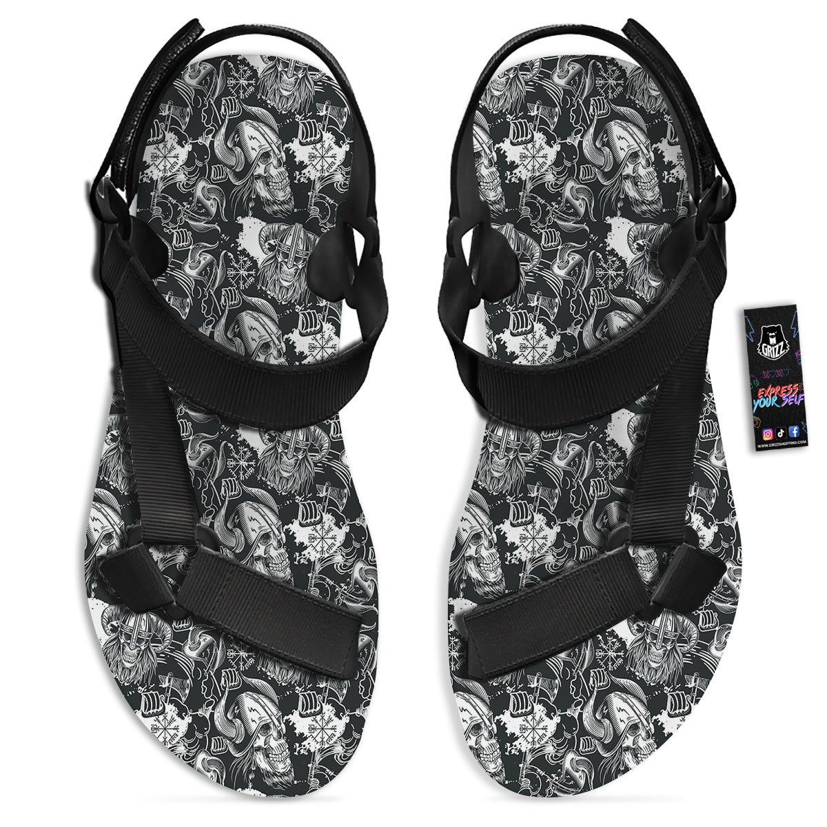 Skulls in Viking Helmets Print Pattern Black Open Toe Sandals-grizzshop