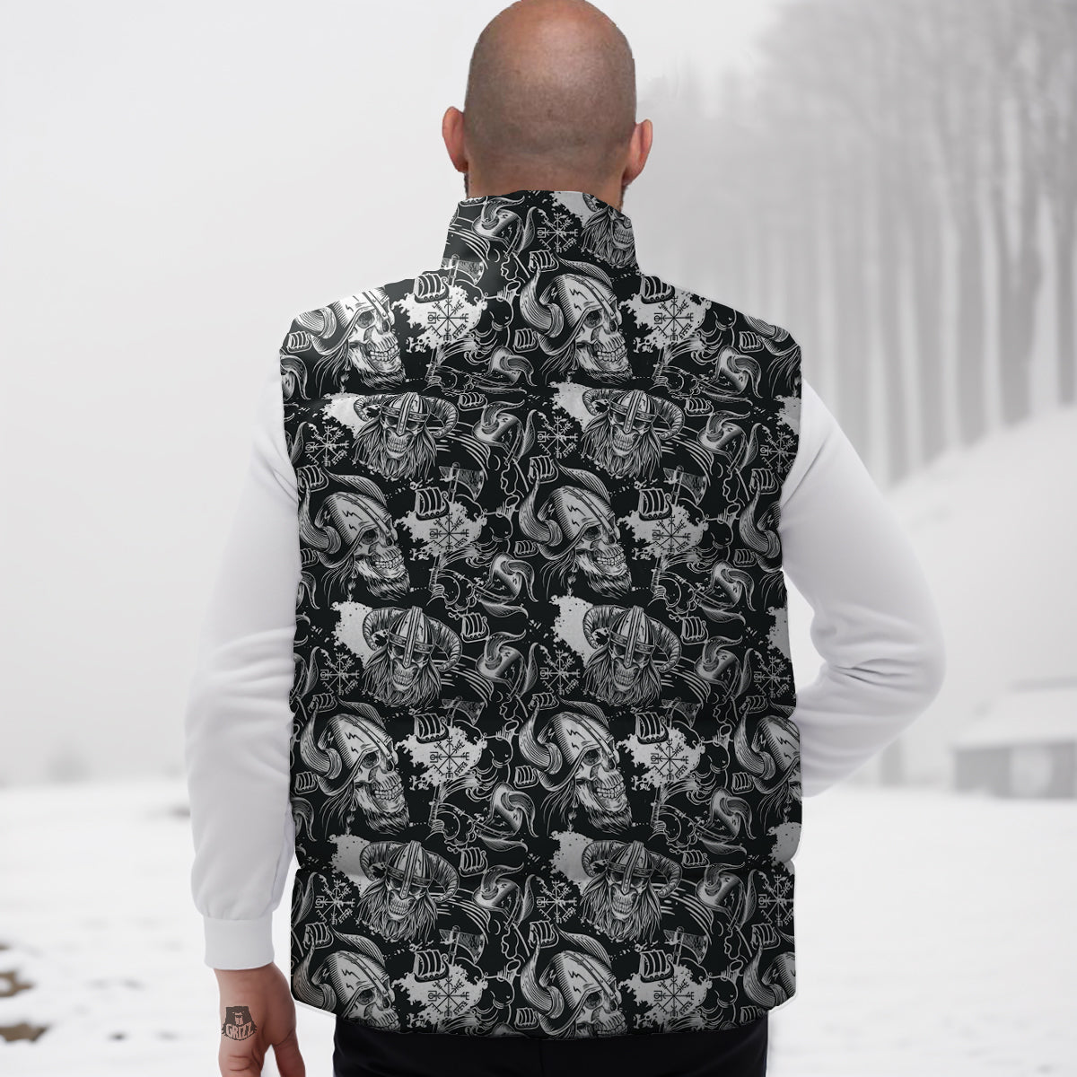 Skulls in Viking Helmets Print Pattern Down Vest