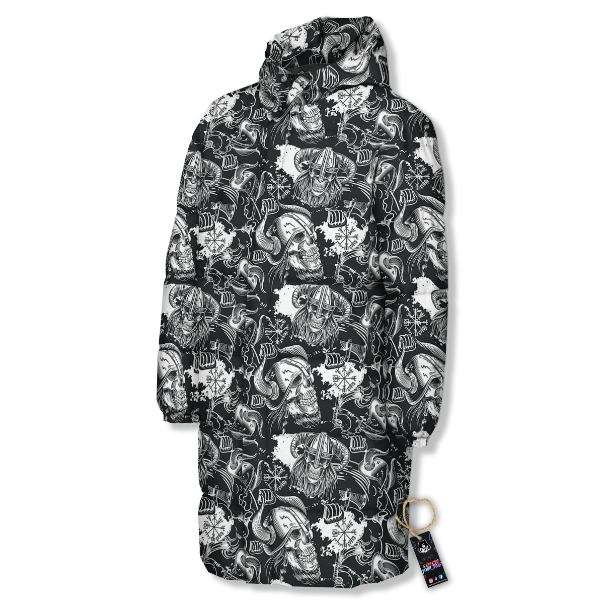 Skulls in Viking Helmets Print Pattern Long Down Jacket-grizzshop
