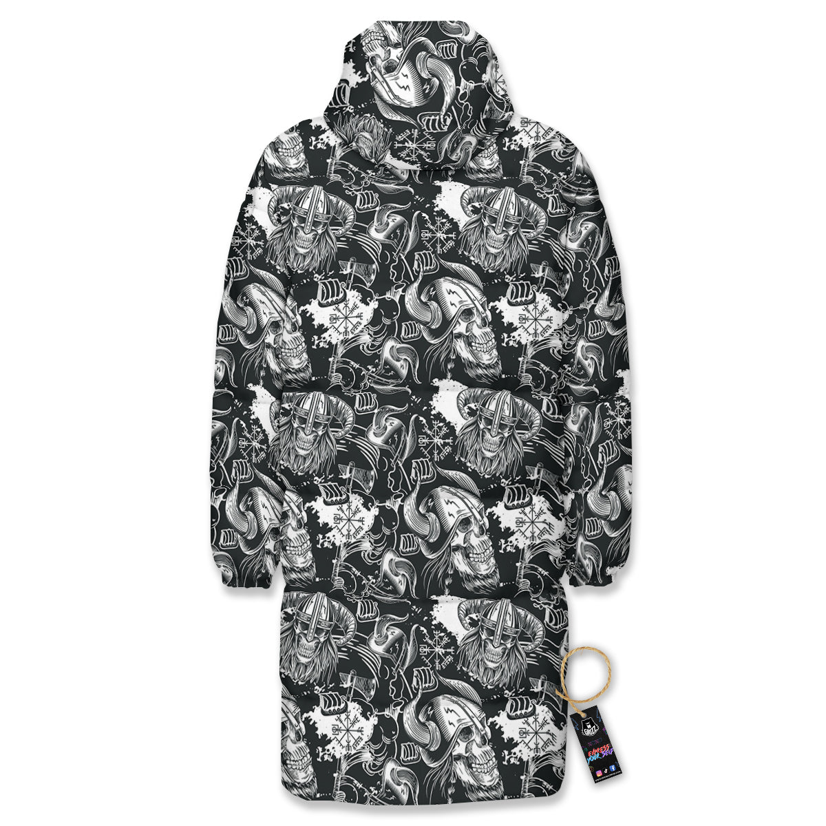 Skulls in Viking Helmets Print Pattern Long Down Jacket-grizzshop