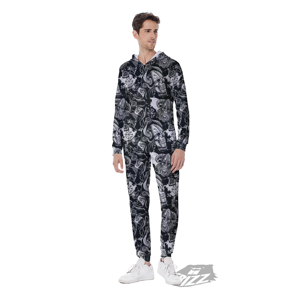 Skulls in Viking Helmets Print Pattern Men's Jumpsuit-grizzshop