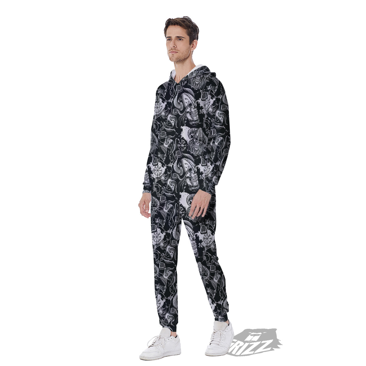 Skulls in Viking Helmets Print Pattern Men's Jumpsuit-grizzshop