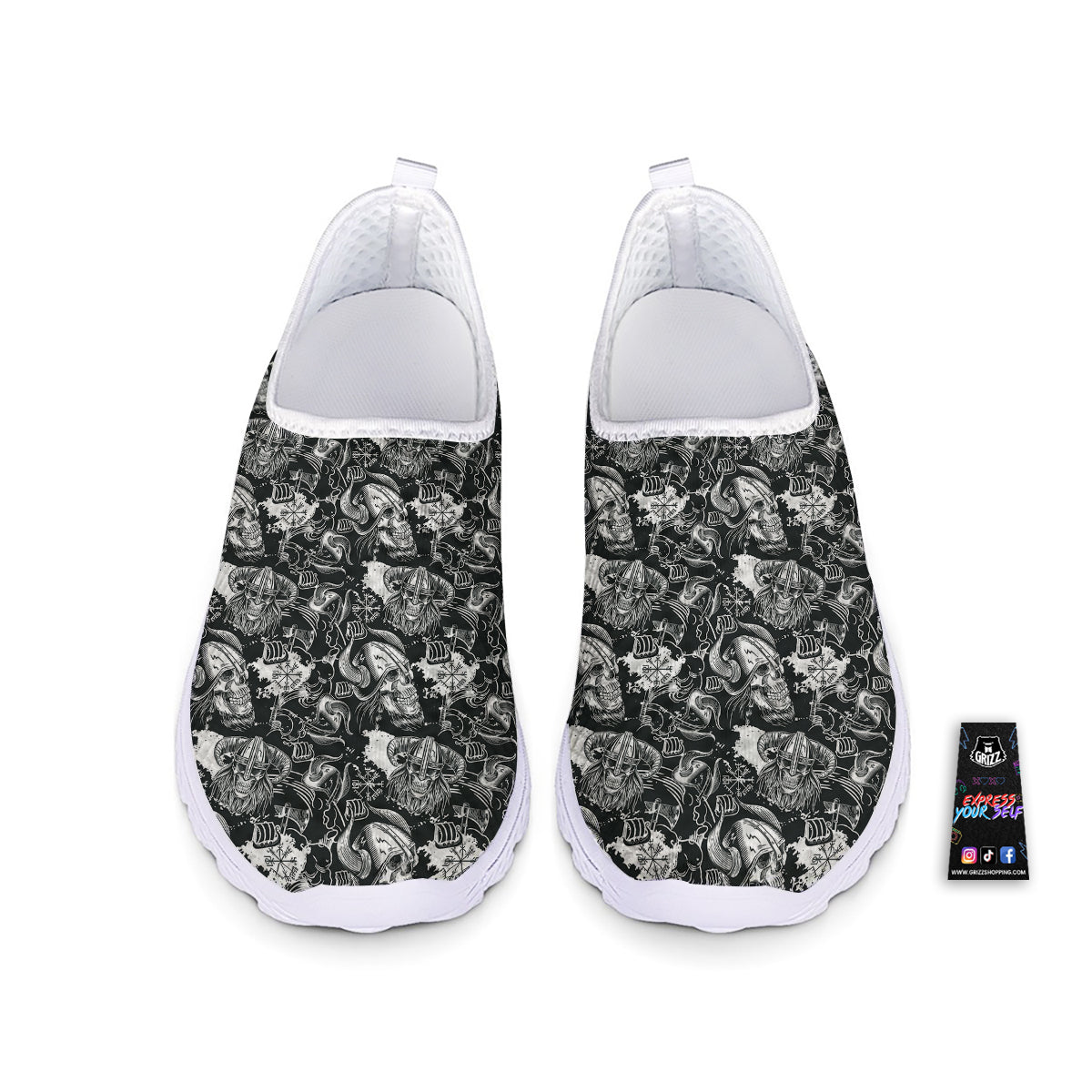 Skulls in Viking Helmets Print Pattern Nurse Shoes-grizzshop
