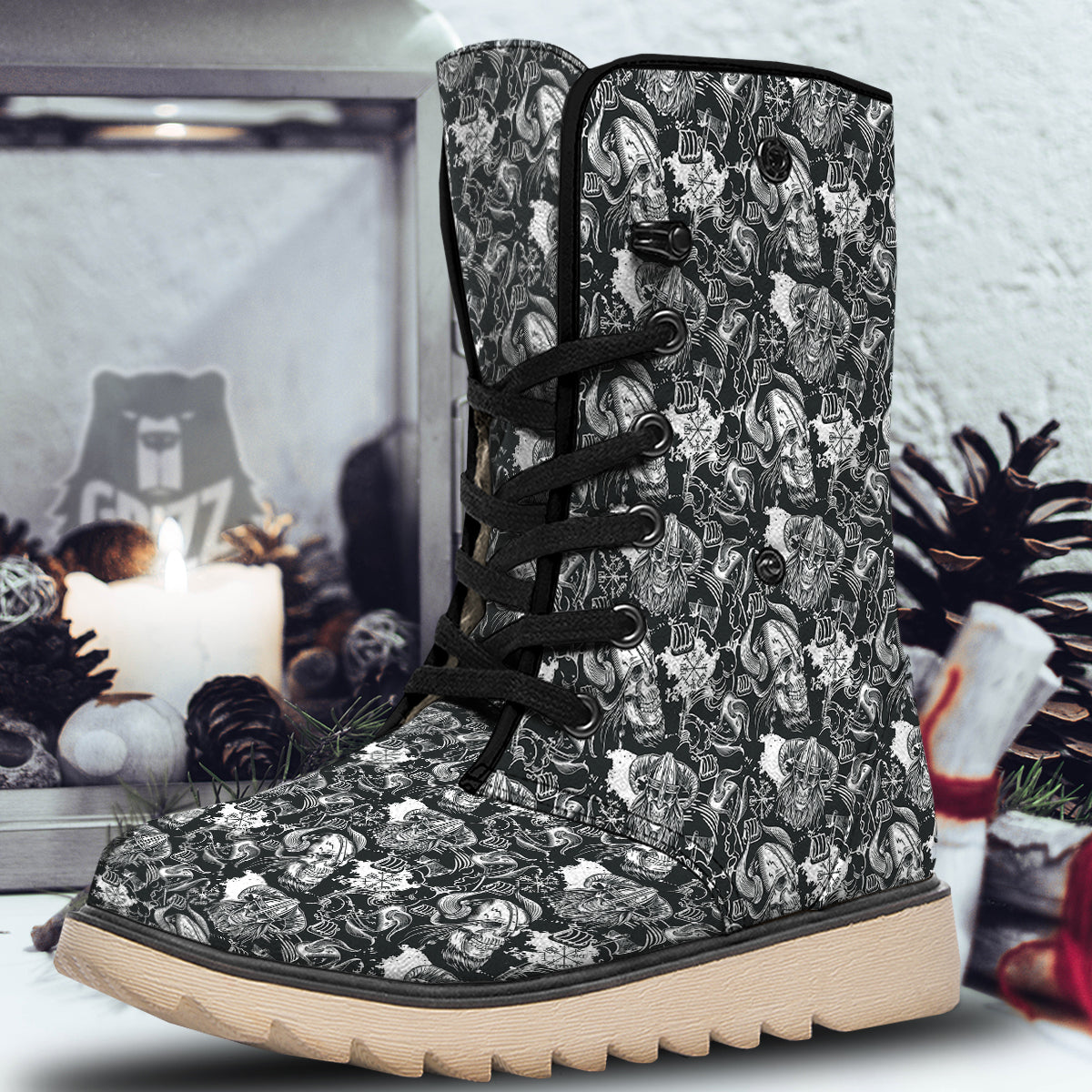 Skulls in Viking Helmets Print Pattern Snow Boots-grizzshop