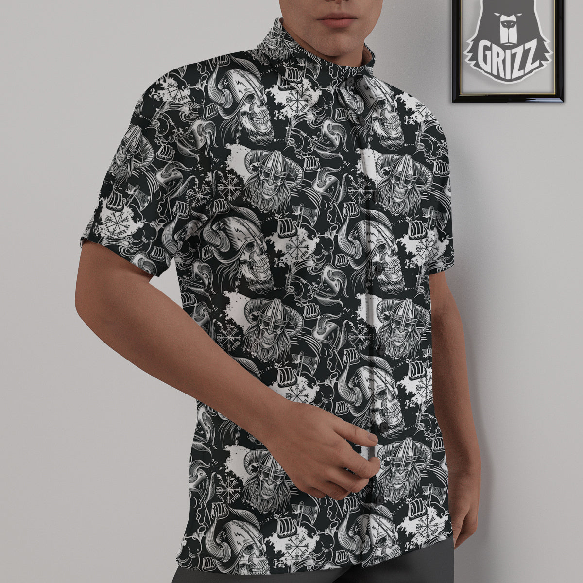 Skulls in Viking Helmets Print Pattern Untucked Shirts-grizzshop