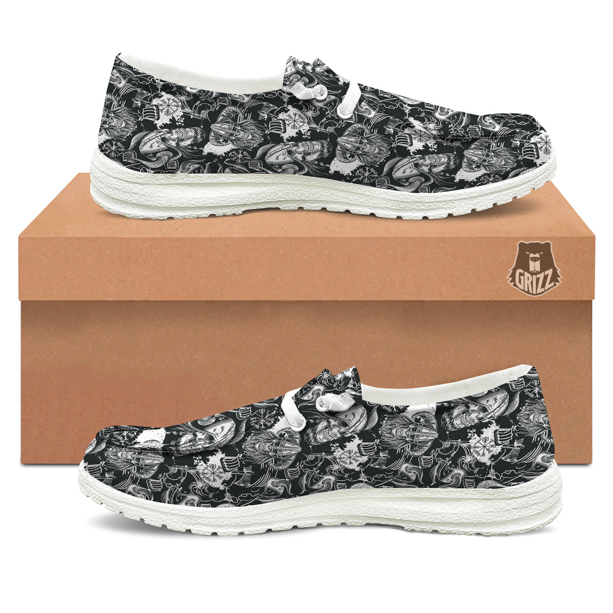 Skulls in Viking Helmets Print Pattern White Loafers-grizzshop