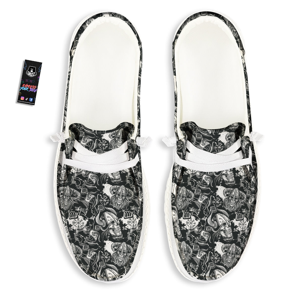 Skulls in Viking Helmets Print Pattern White Loafers-grizzshop