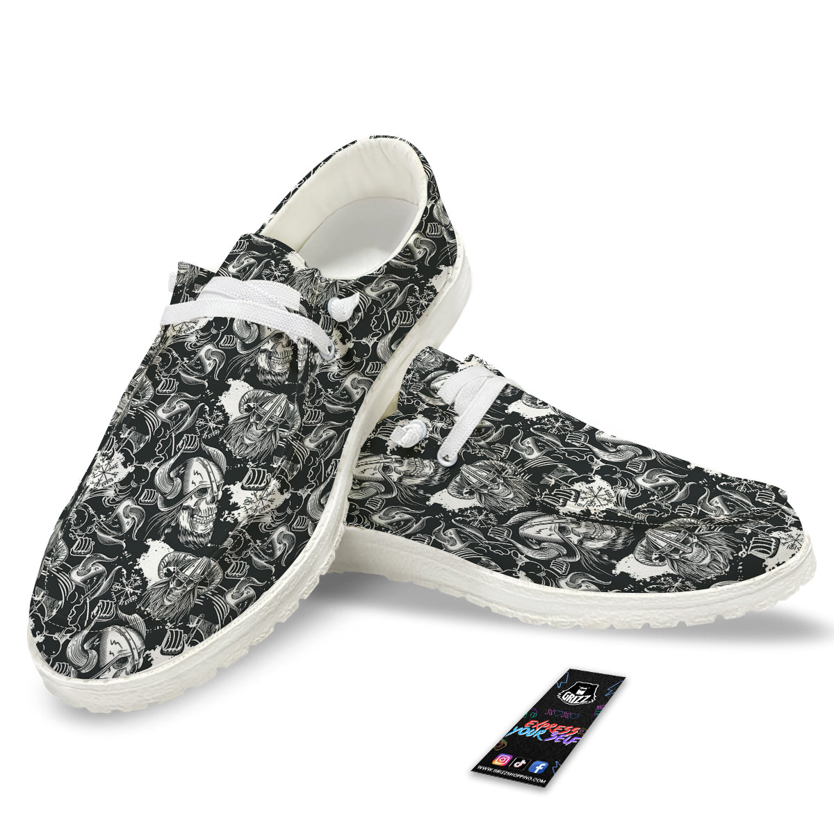 Skulls in Viking Helmets Print Pattern White Loafers-grizzshop