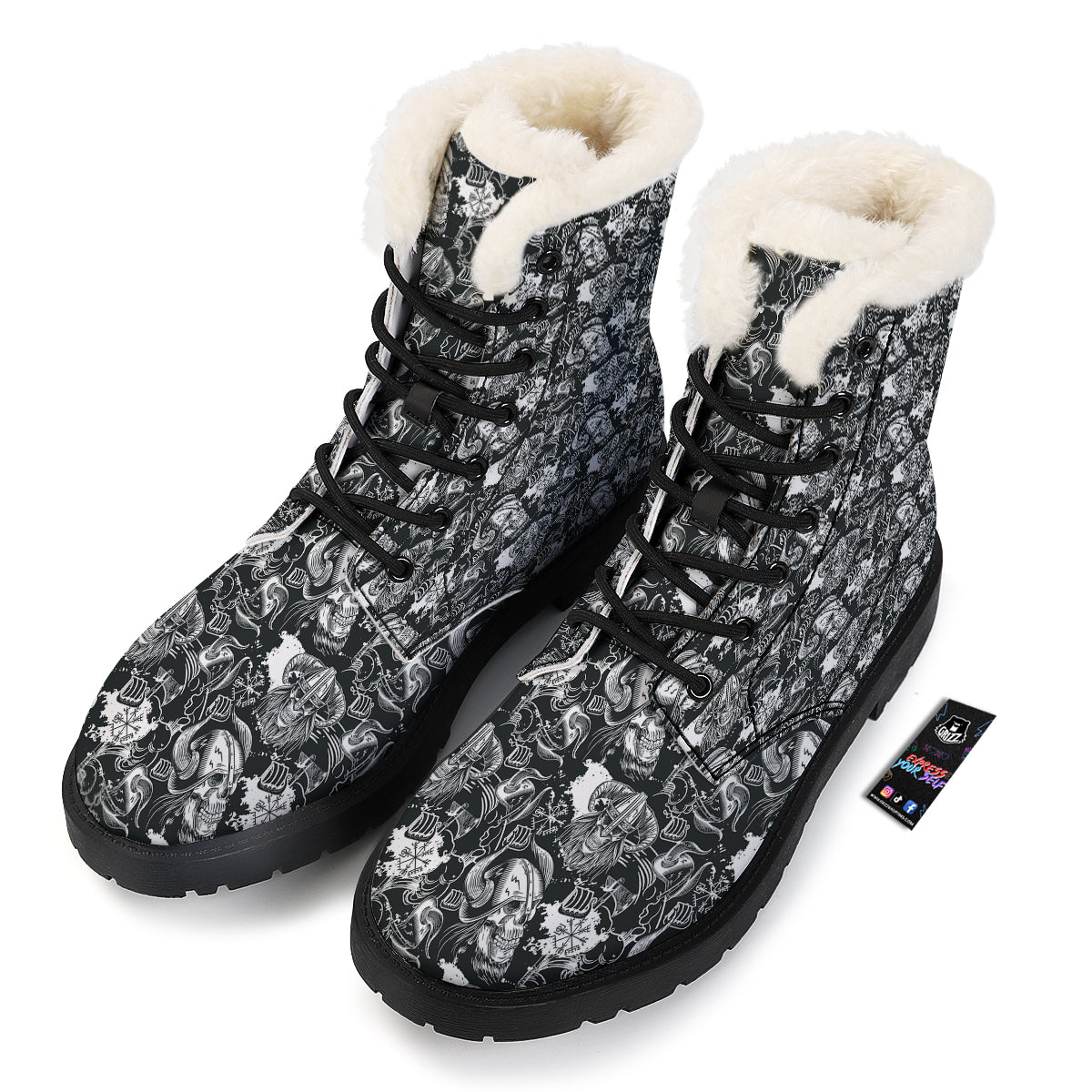 Skulls in Viking Helmets Print Pattern Winter Boots-grizzshop