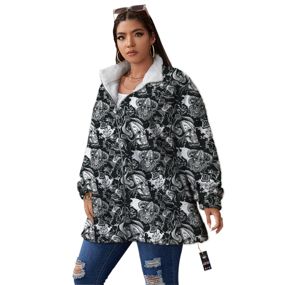 Skulls in Viking Helmets Print Pattern Women's Sherpa Jacket-grizzshop