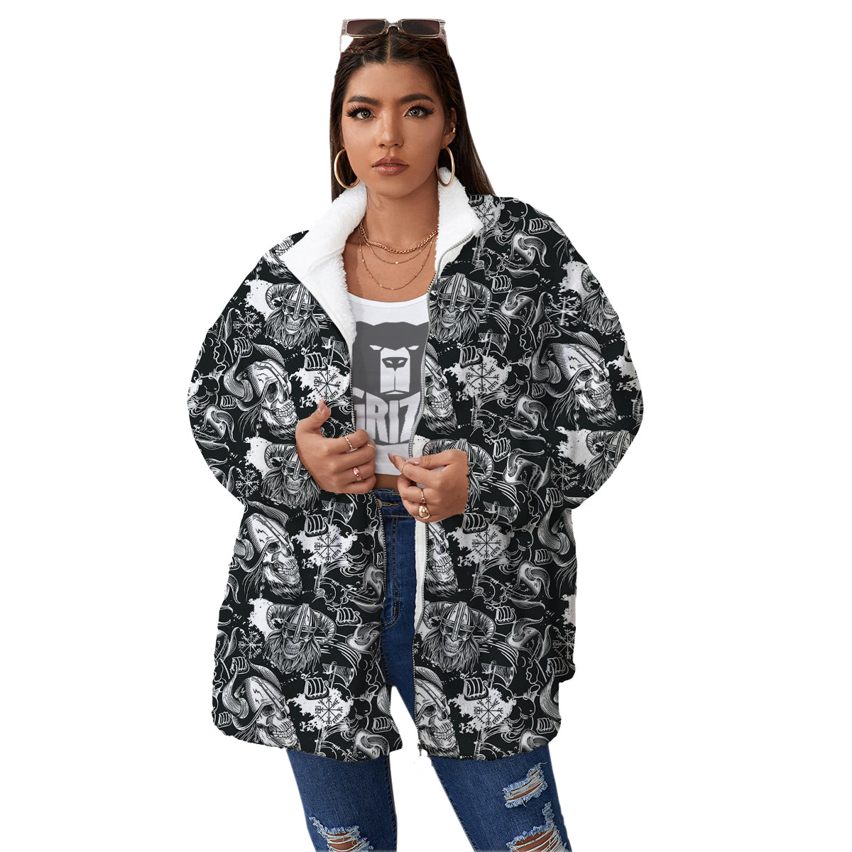 Skulls in Viking Helmets Print Pattern Women's Sherpa Jacket-grizzshop