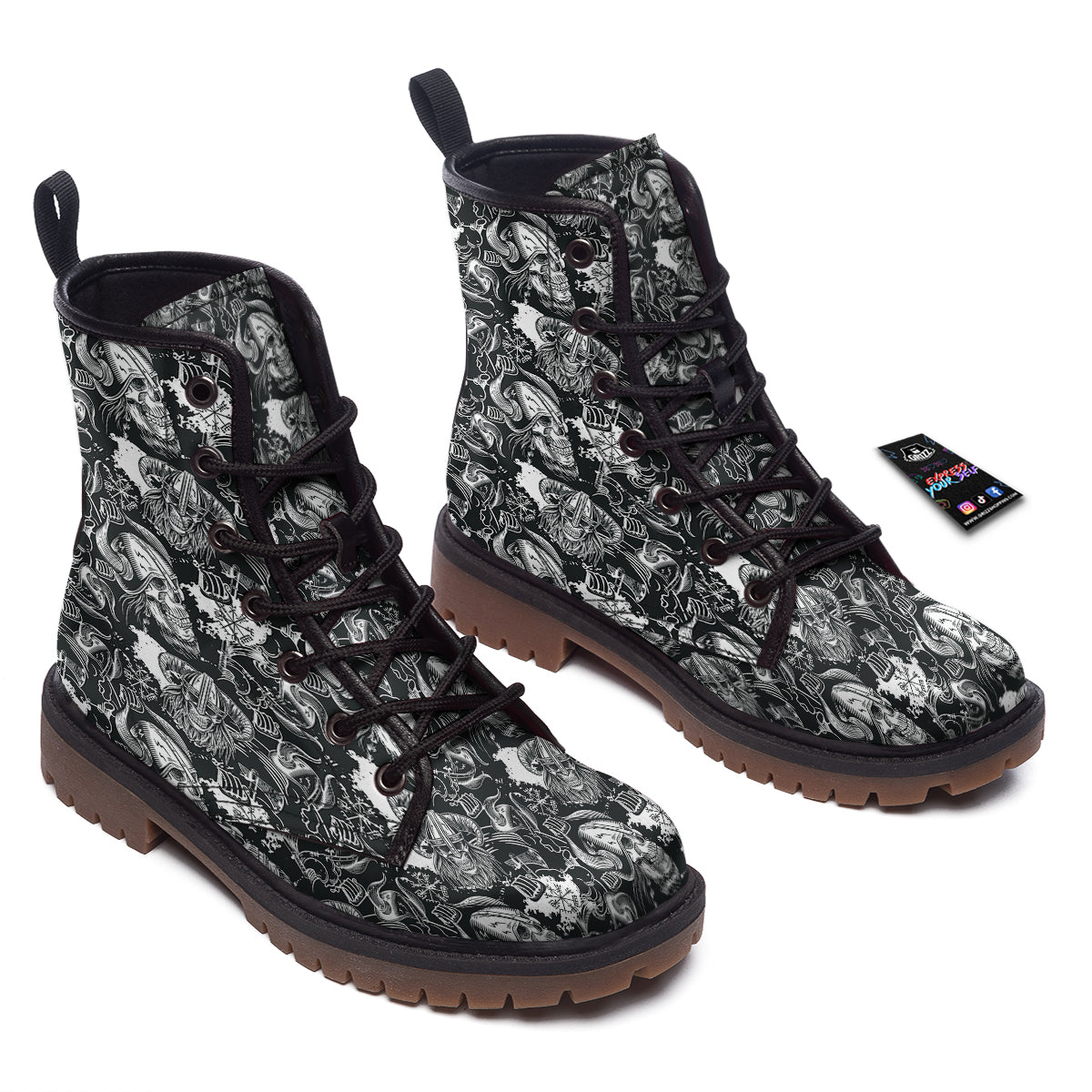 Skulls in Viking Helmets Print Pattern Work Boots-grizzshop