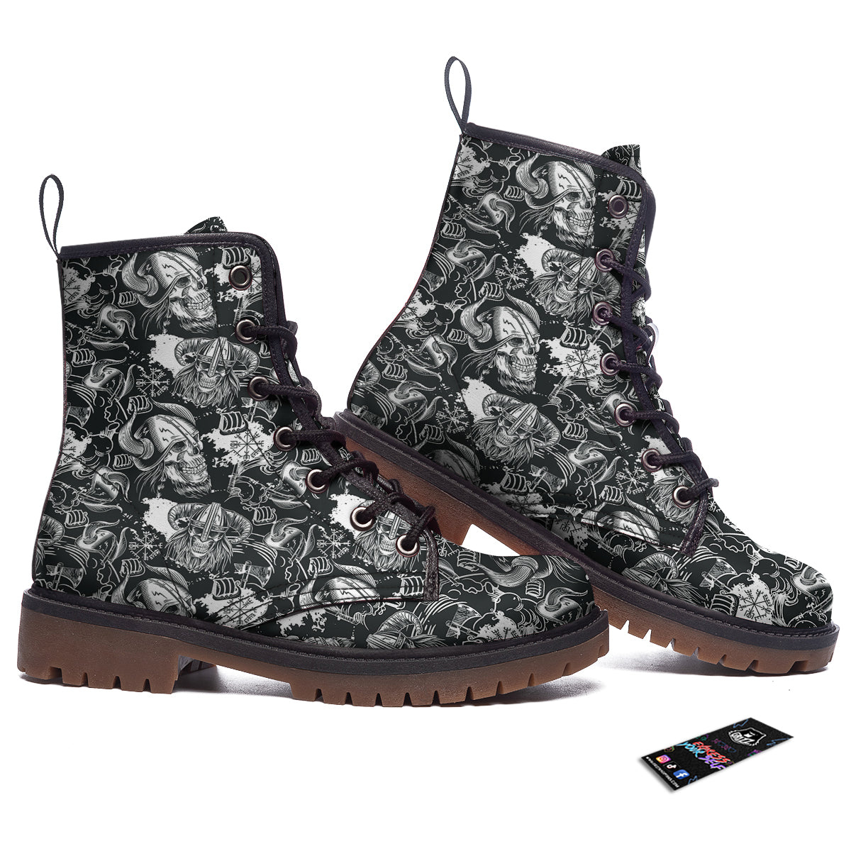Skulls in Viking Helmets Print Pattern Work Boots-grizzshop