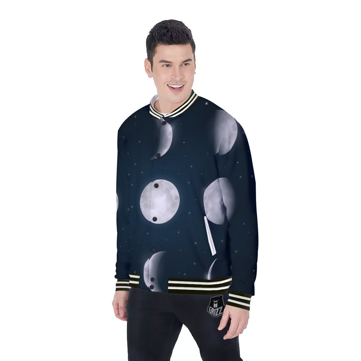 Sky Moon Night Phase Print Baseball Jacket-grizzshop
