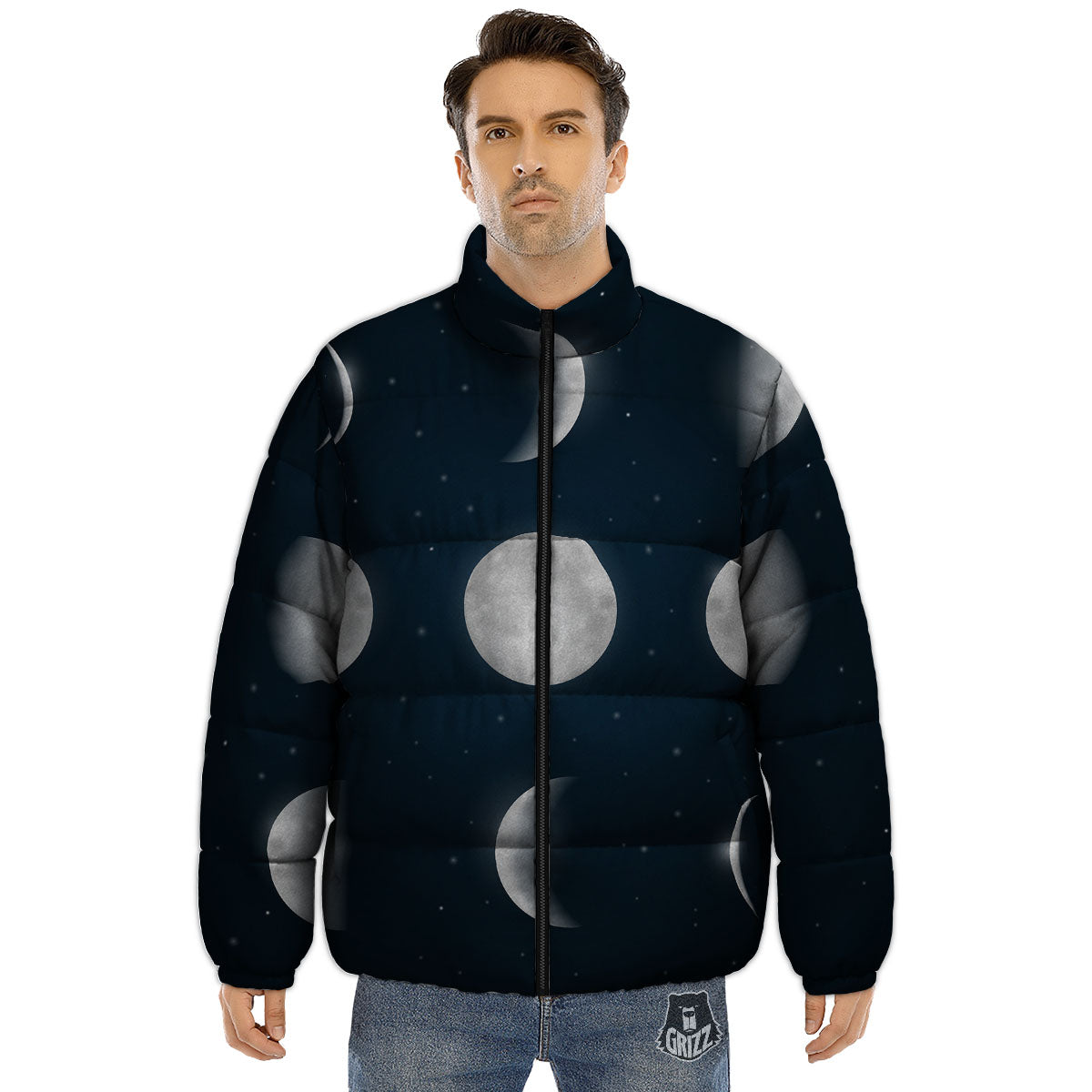 Sky Moon Night Phase Print Puffer Jacket-grizzshop