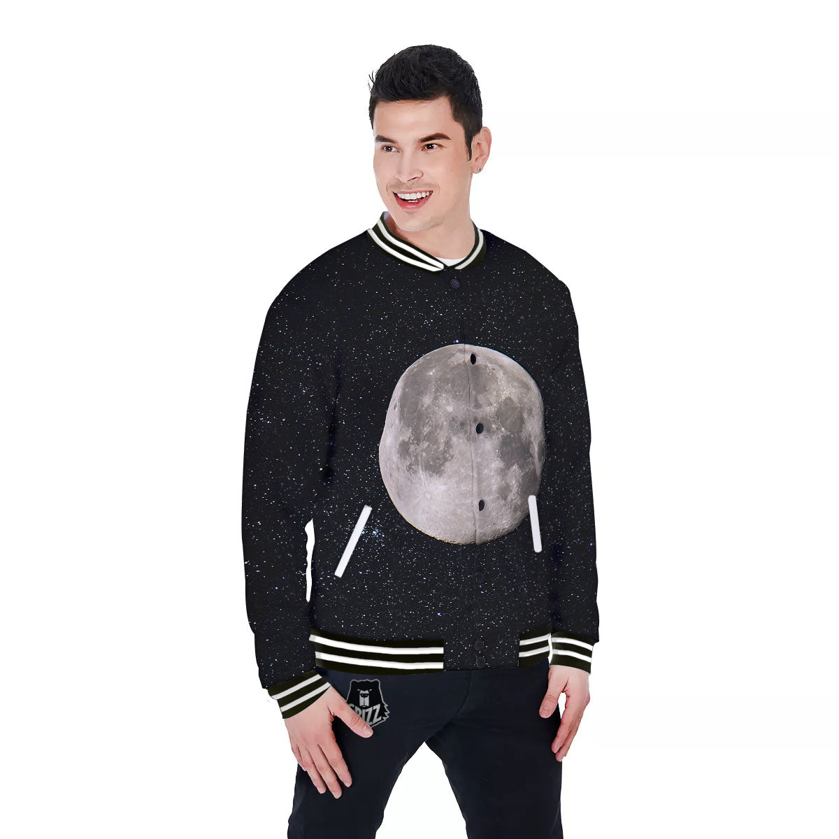 Sky Night Full Moon Print Baseball Jacket-grizzshop