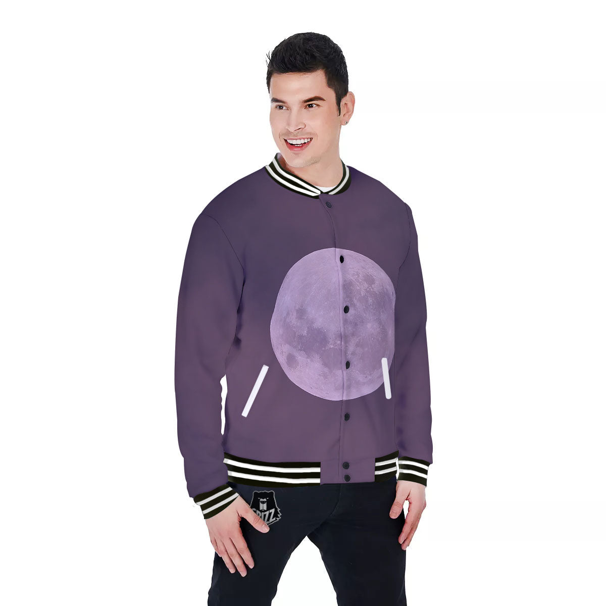 Sky Purple And Full Moon Print Baseball Jacket-grizzshop