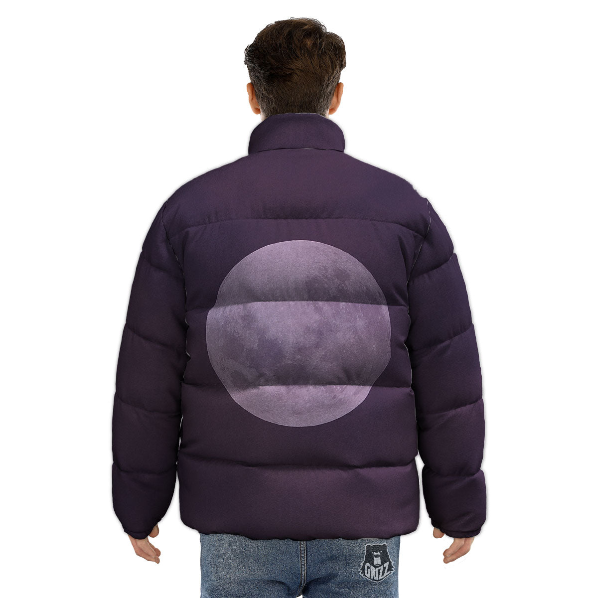 Sky Purple And Full Moon Print Puffer Jacket-grizzshop