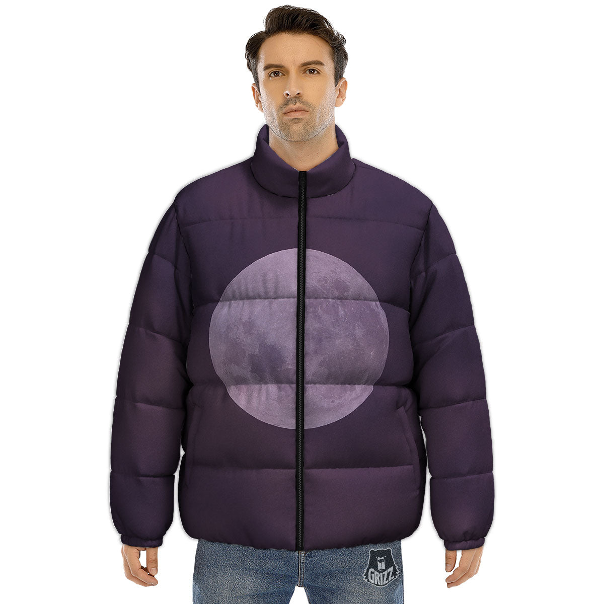 Sky Purple And Full Moon Print Puffer Jacket-grizzshop