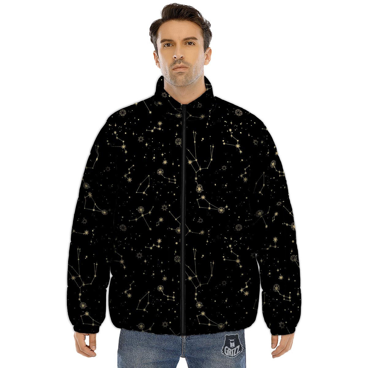 Sky Star Print Pattern Puffer Jacket-grizzshop