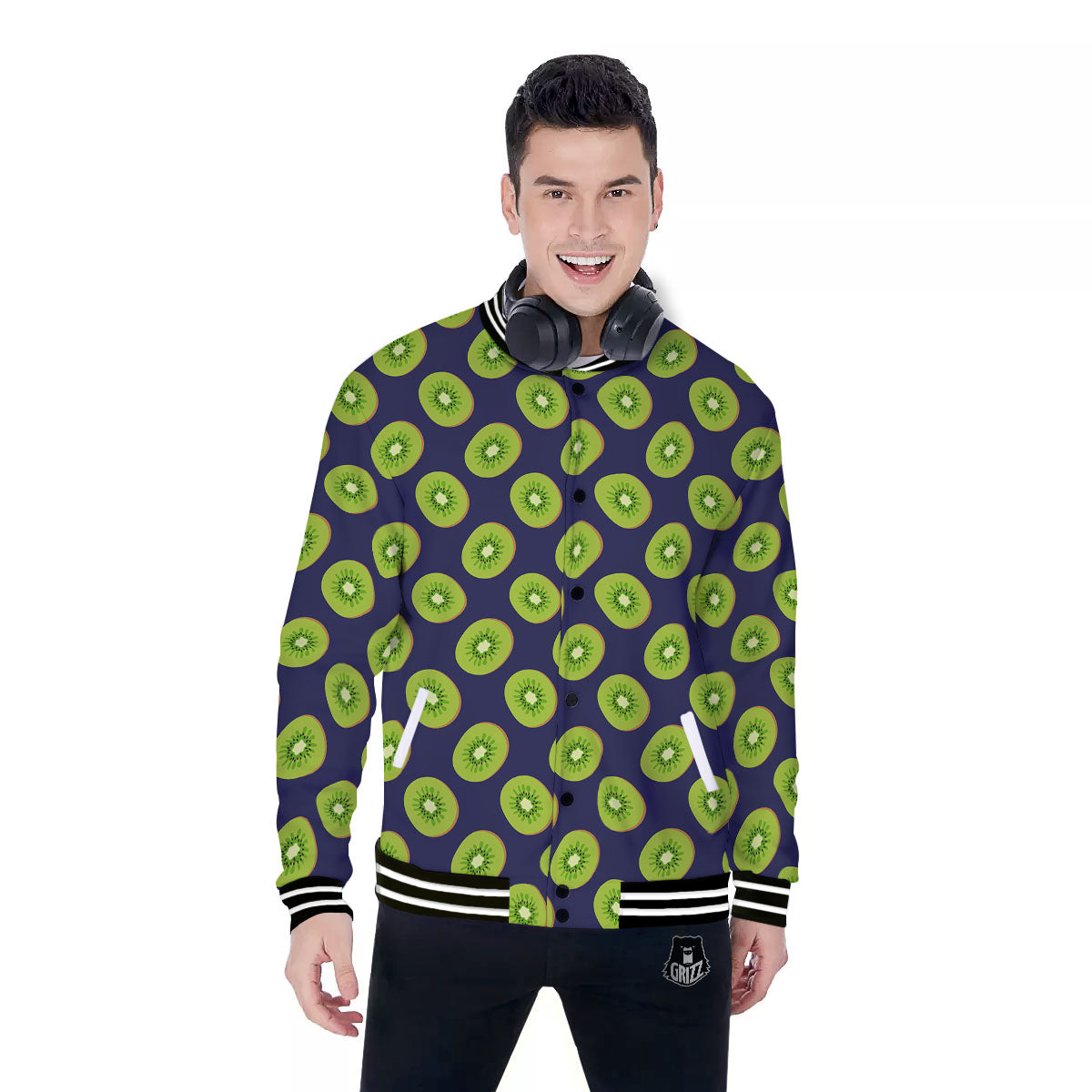 Slices Kiwi Print Pattern Baseball Jacket-grizzshop