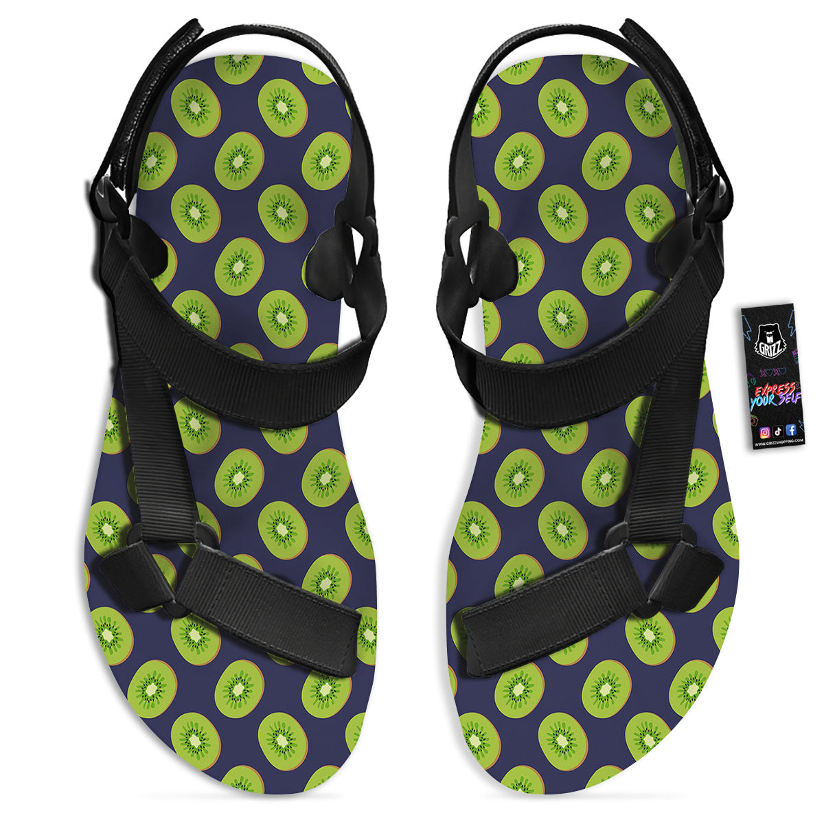 Slices Kiwi Print Pattern Black Open Toe Sandals-grizzshop