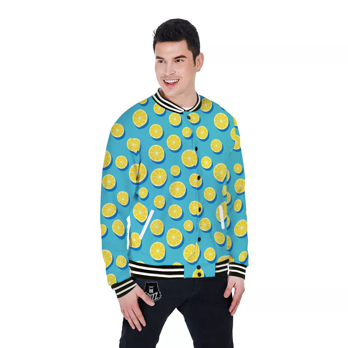 Slices Lemon Print Pattern Baseball Jacket-grizzshop