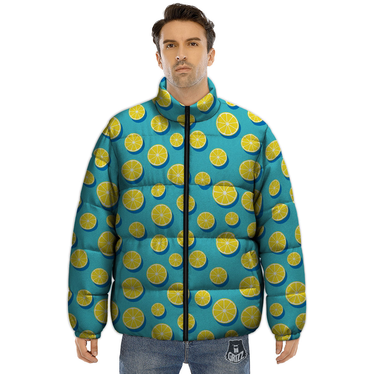 Slices Lemon Print Pattern Puffer Jacket-grizzshop