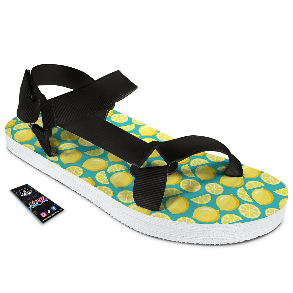 Slices Lime Print Pattern Black Open Toe Sandals-grizzshop