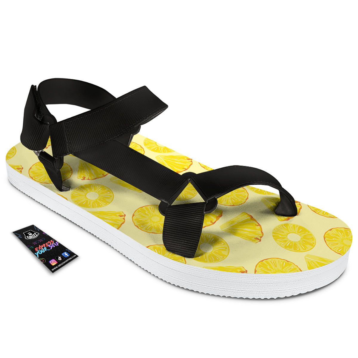 Slices Pineapple Print Pattern Black Open Toe Sandals-grizzshop