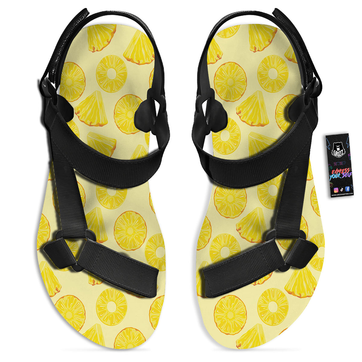 Slices Pineapple Print Pattern Black Open Toe Sandals-grizzshop