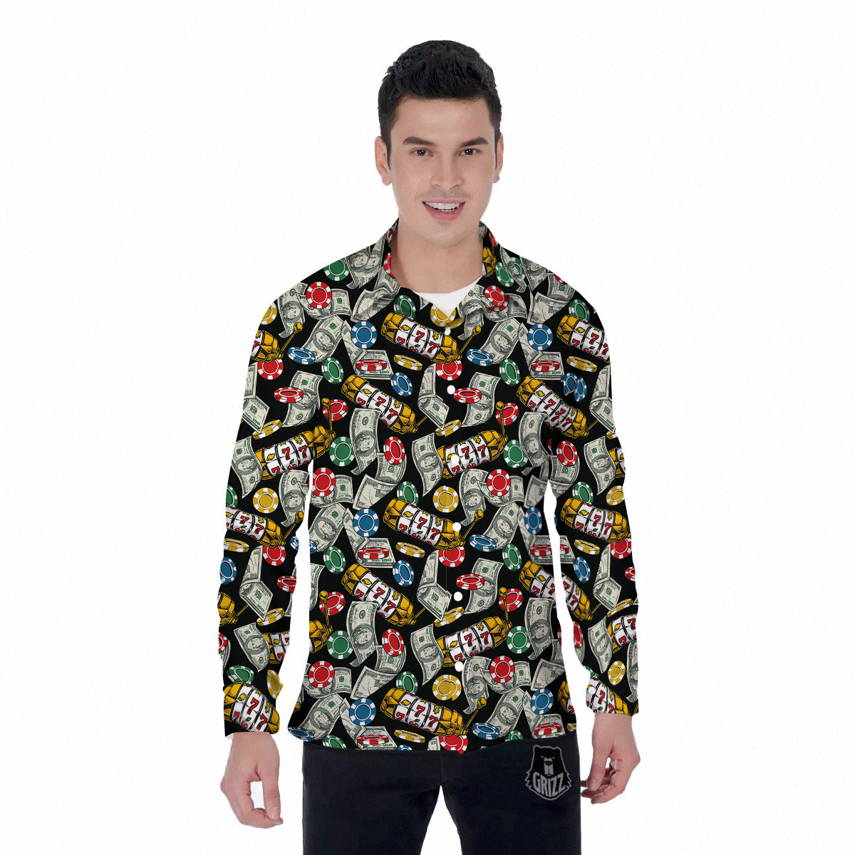 Slot Machines Casino Print Pattern Men's Long Sleeve Shirts-grizzshop