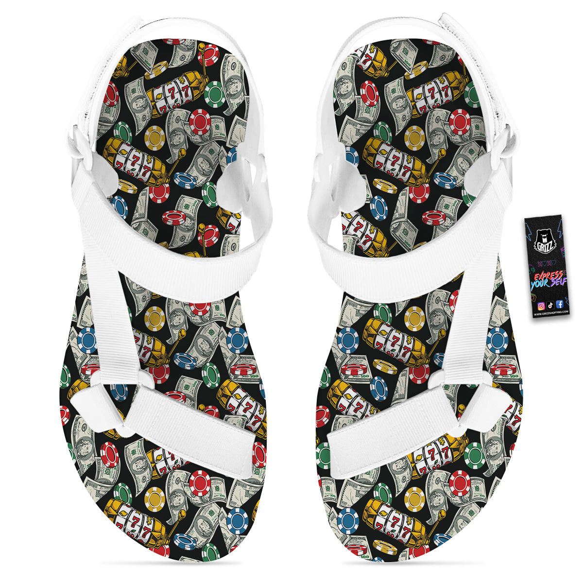 Slot Machines Casino Print Pattern White Open Toe Sandals-grizzshop