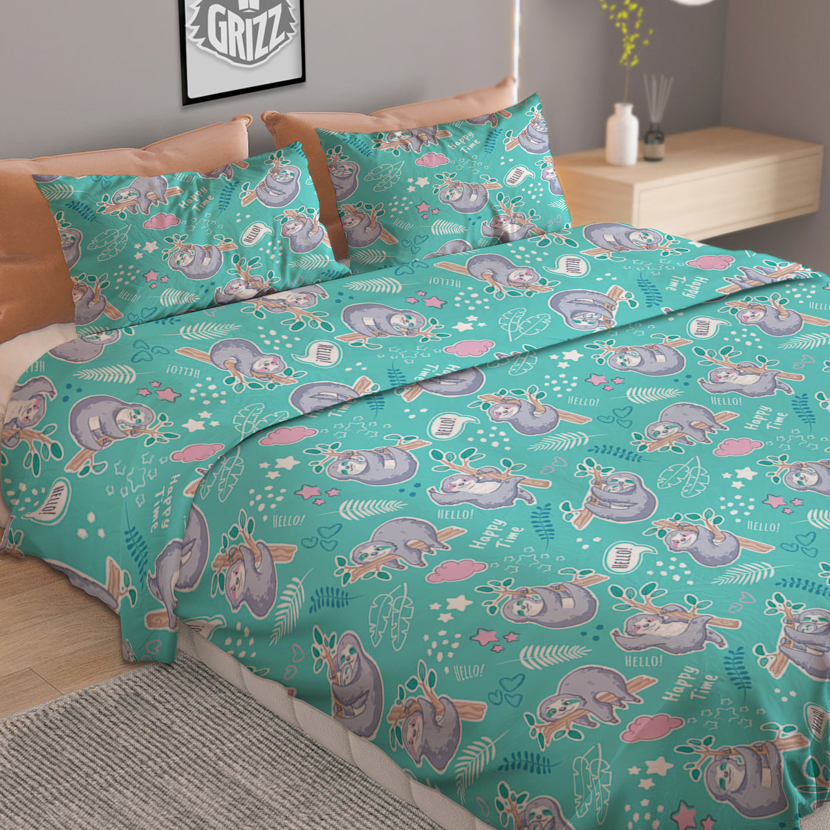 Sloth Cute Print Pattern Duvet Cover Bedding Set-grizzshop