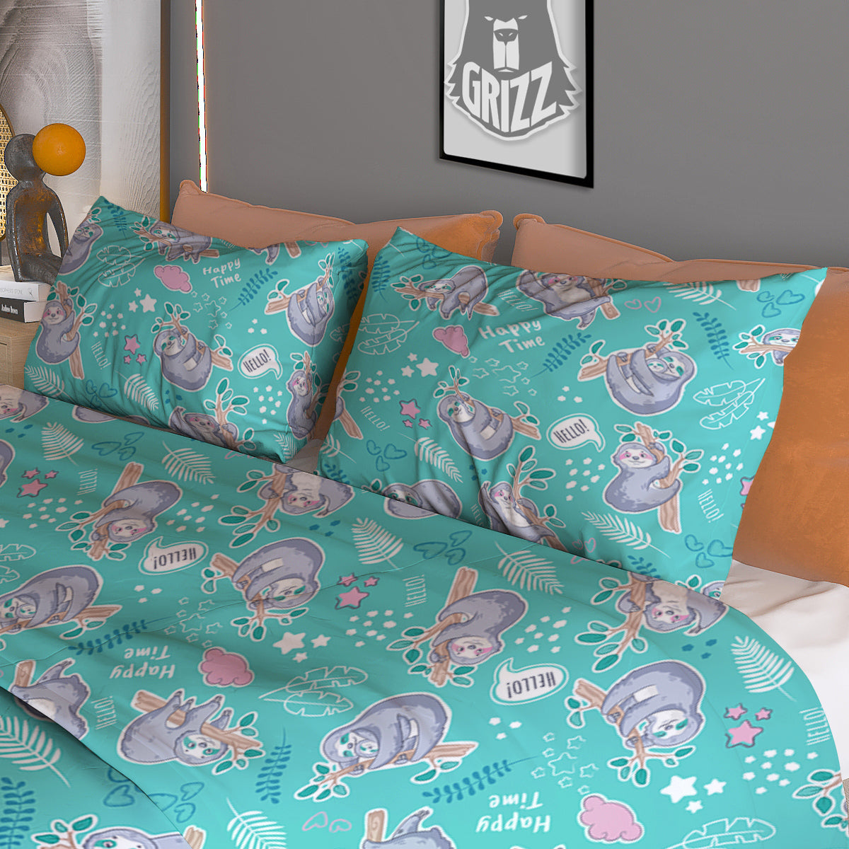 Sloth Cute Print Pattern Duvet Cover Bedding Set-grizzshop