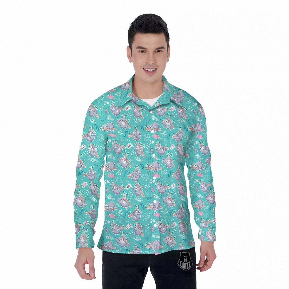 Sloth Cute Print Pattern Men's Long Sleeve Shirts-grizzshop