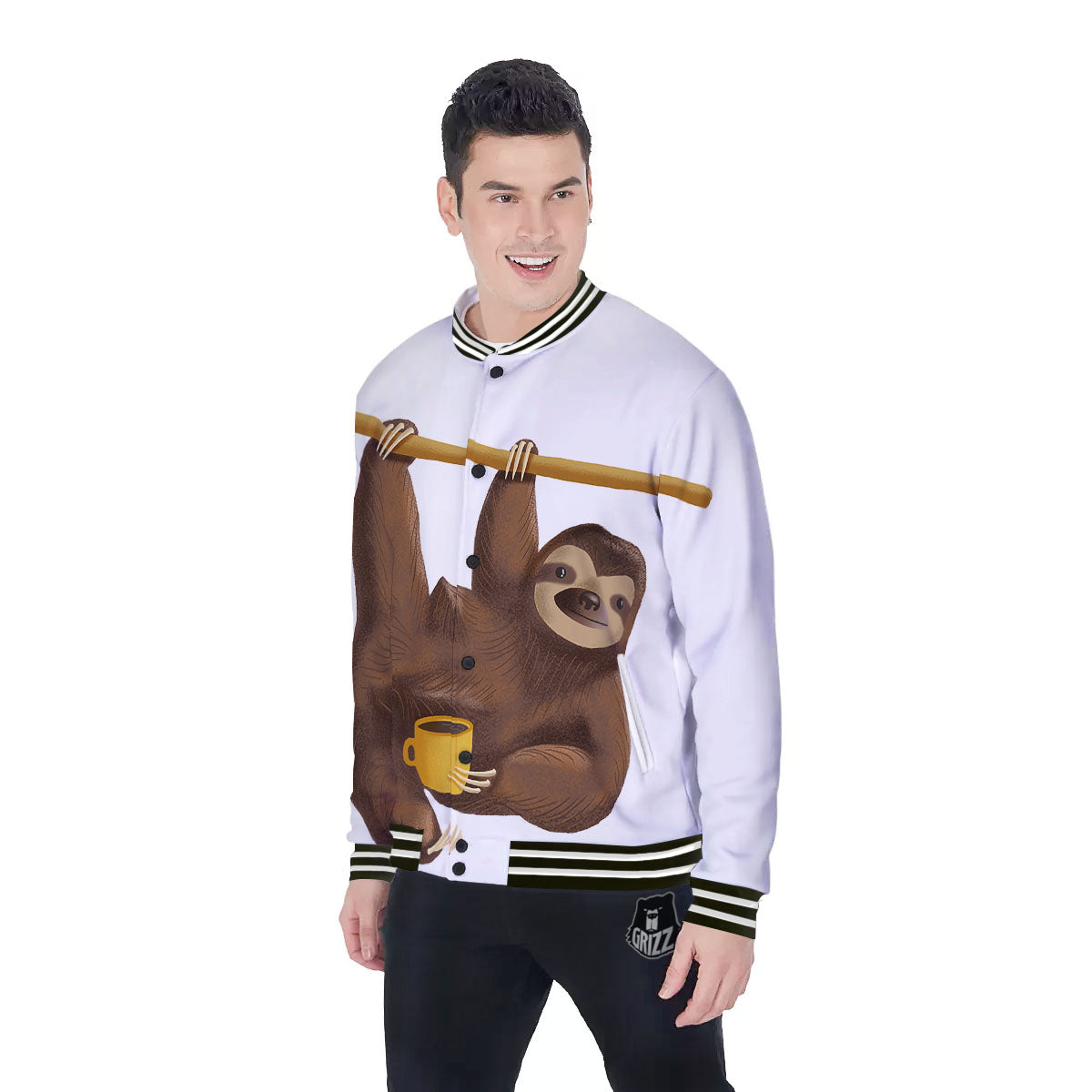 Sloth Happy Print Baseball Jacket-grizzshop