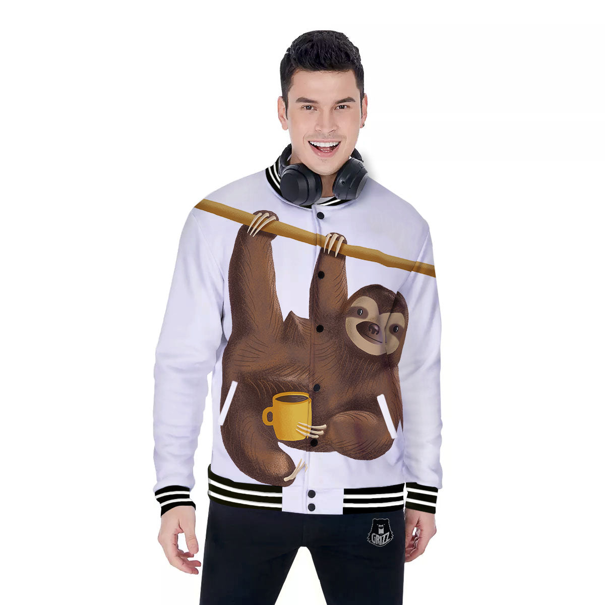 Sloth Happy Print Baseball Jacket-grizzshop