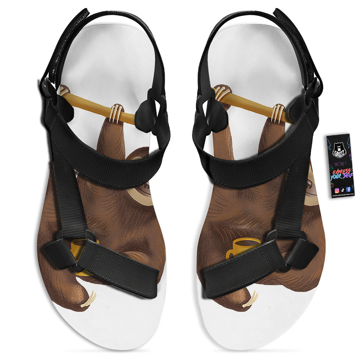 Sloth Happy Print Black Open Toe Sandals-grizzshop